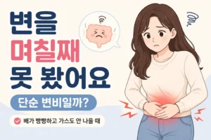 며칠째 변을 보지 못해 아랫배를 잡고 불편해하는 대표 여성 캐릭터와 배가 빵빵하고 가스도 나오지 않을 때 확인할 점을 보여주는 대표이미지