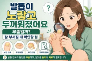 노랗고 두꺼워지며 잘 부서지는 엄지발톱을 확대경으로 살펴보며 발톱무좀인지 걱정하는 대표 여성 캐릭터 이미지