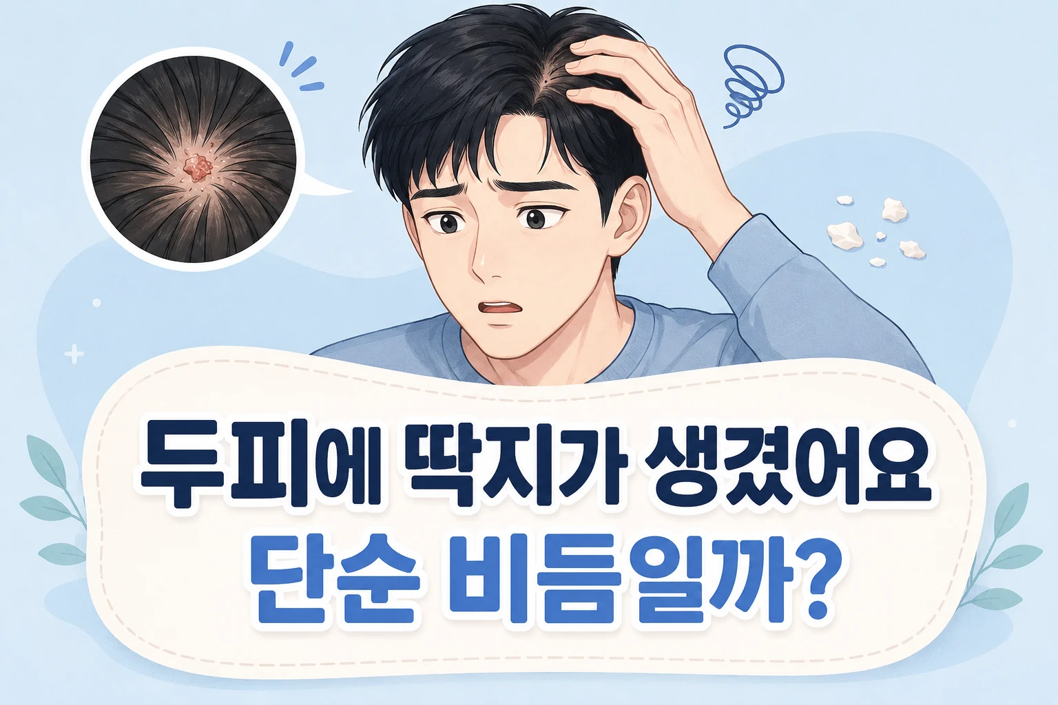 짧은 검은 머리의 남성이 두피 딱지를 확인하며 걱정하는 모습과 두피의 딱지, 비듬 조각이 함께 표현된 일러스트