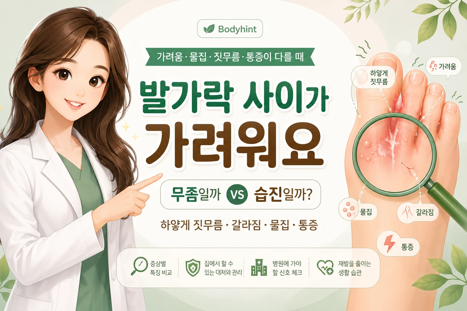 긴 갈색 머리의 여성 대표캐릭터가 발가락 사이의 하얀 짓무름, 갈라짐, 물집과 통증을 가리키며 무좀과 습진 가능성을 설명하는 모습