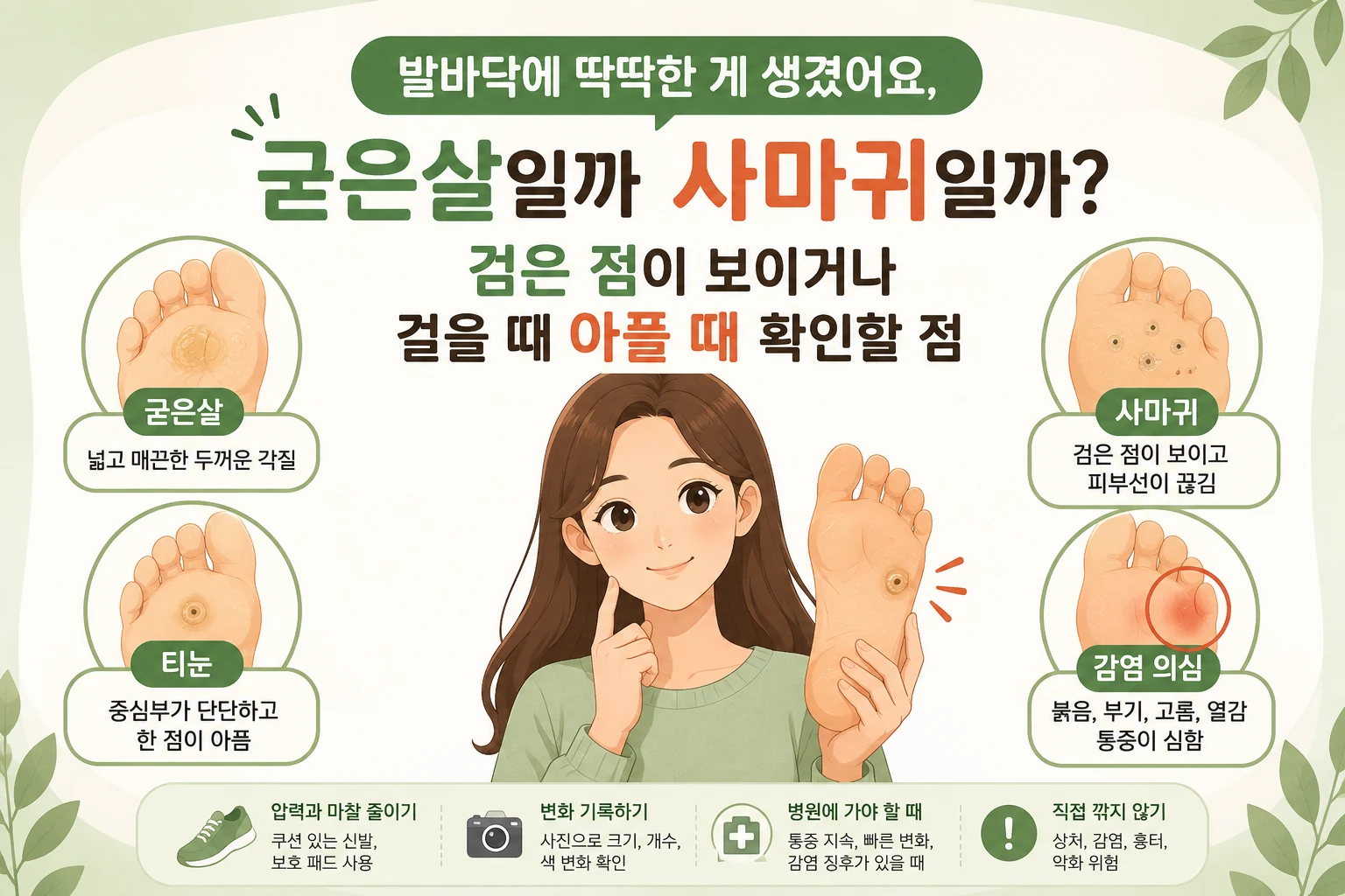 긴 갈색 머리의 여성이 발바닥의 딱딱한 병변을 확인하며 굳은살, 티눈, 사마귀와 감염 의심 신호를 비교하는 모습