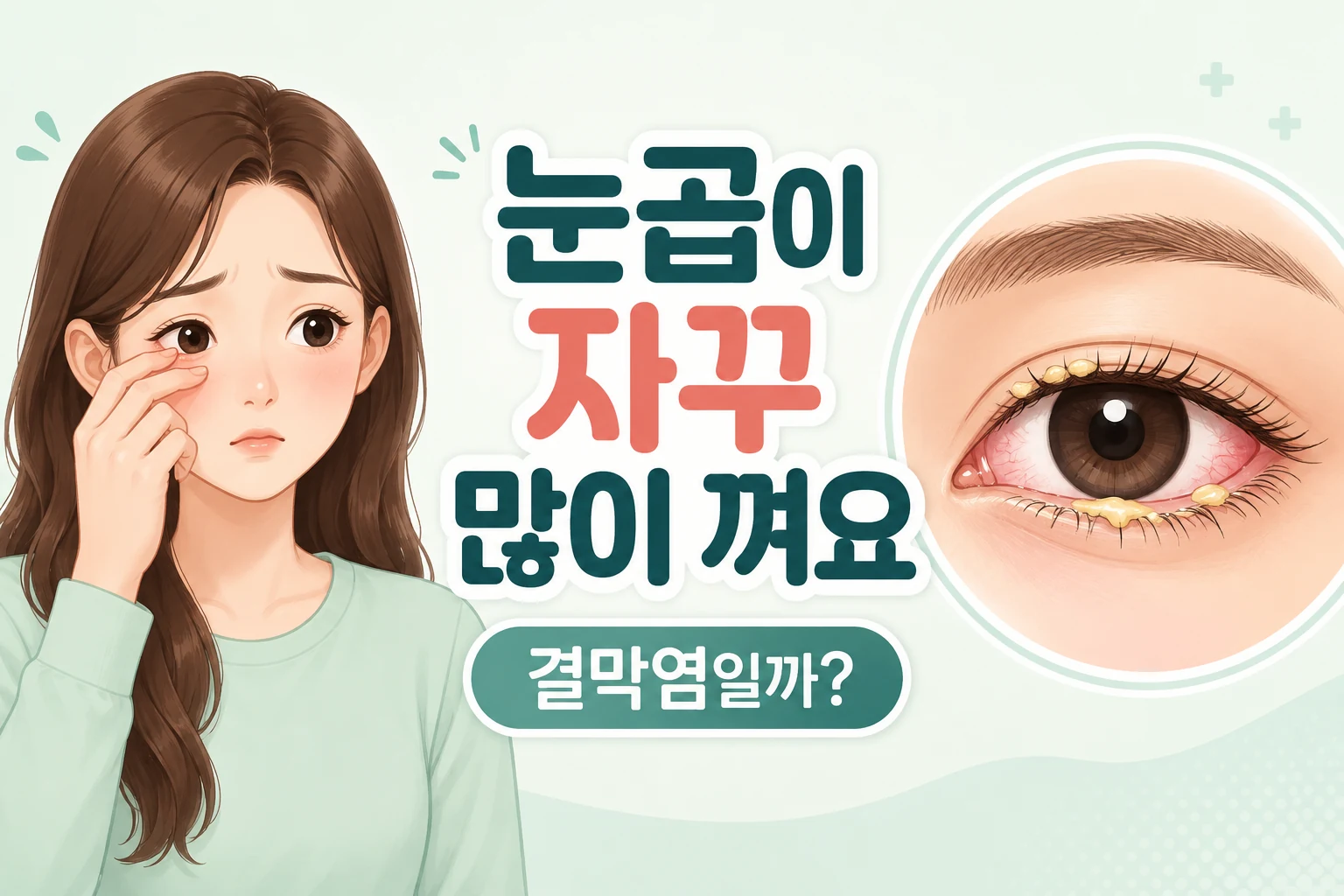 긴 갈색 머리의 여성이 눈곱이 낀 눈을 살펴보고 오른쪽에 충혈된 눈과 노란 눈곱이 확대되어 보이는 안내 이미지
