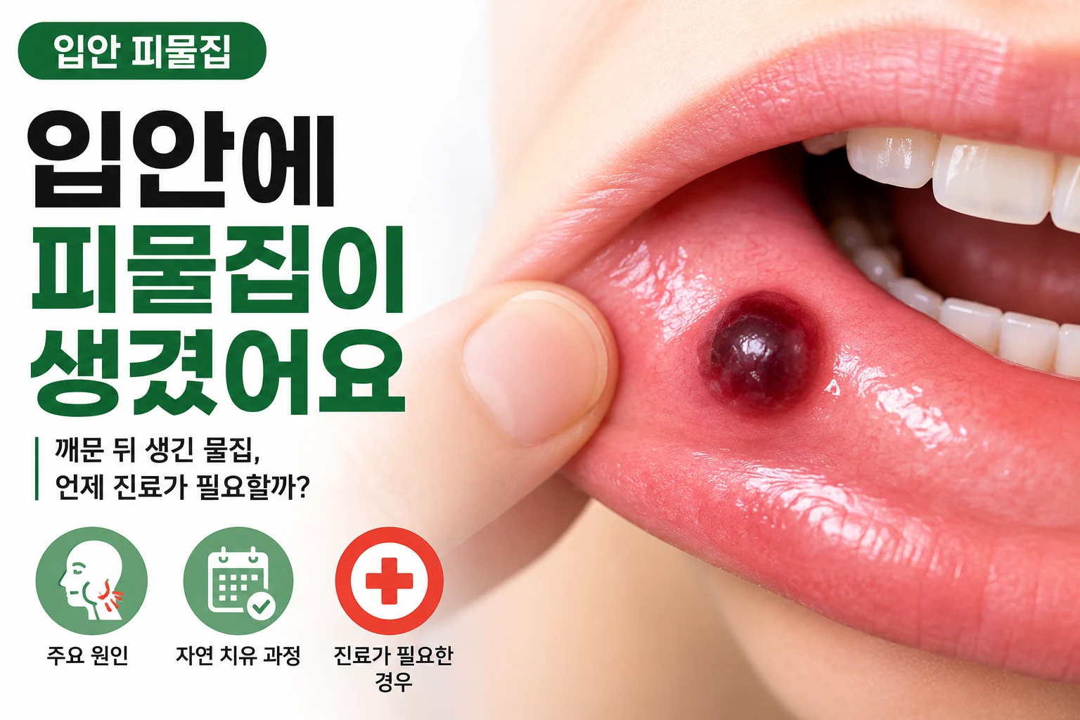 입안 볼 안쪽에 검붉은 피물집이 생긴 모습을 보여주는 대표이미지