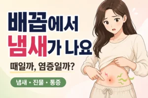 배꼽 냄새와 통증 때문에 배꼽 부위를 확인하는 대표 여성 캐릭터와 때인지 염증인지 묻는 문구가 표시된 대표이미지