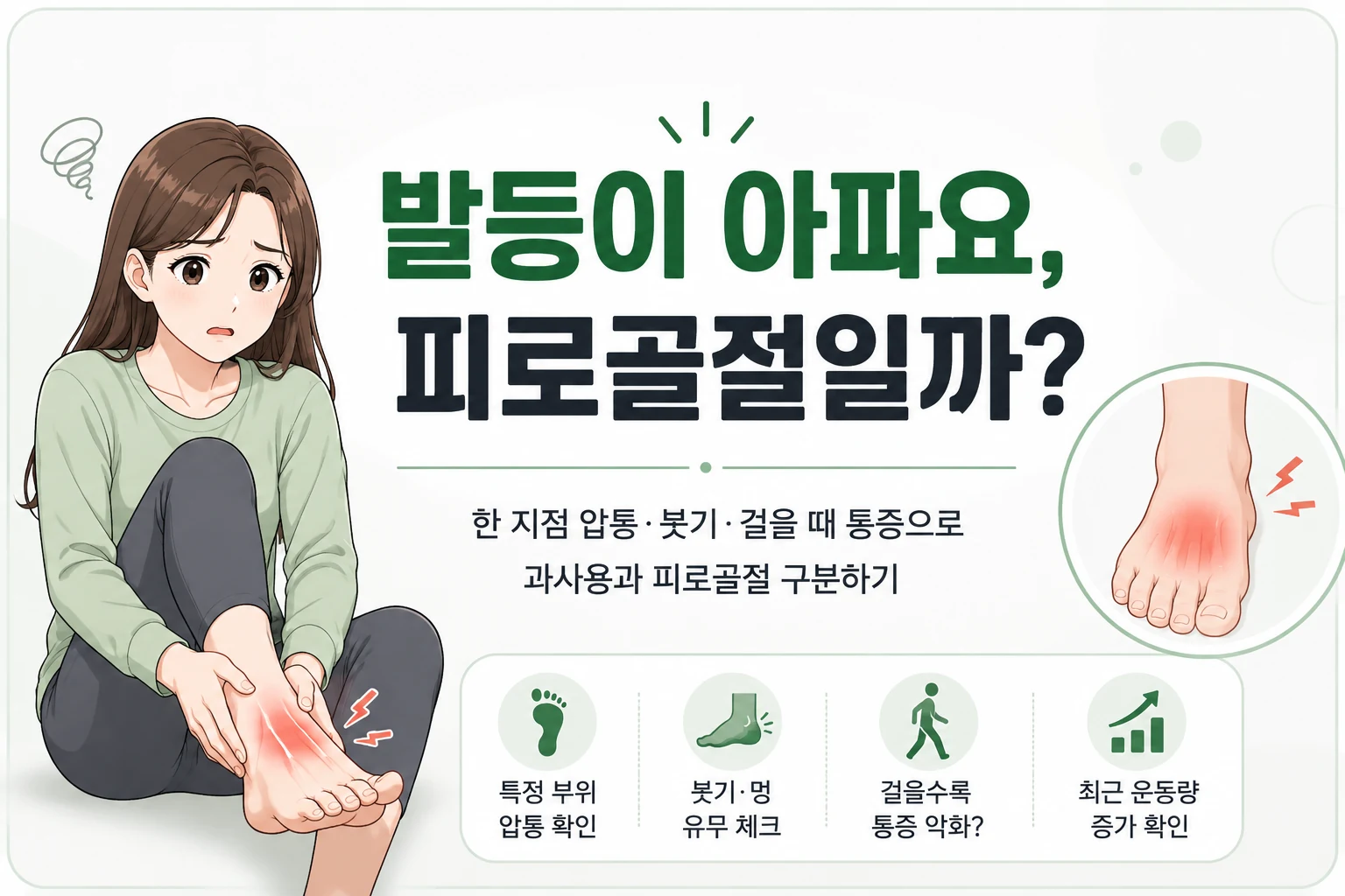 발등 통증을 느끼는 여성이 발등을 짚고 있으며 붓기와 통증 부위를 강조해 피로골절 가능성을 표현한 대표이미지