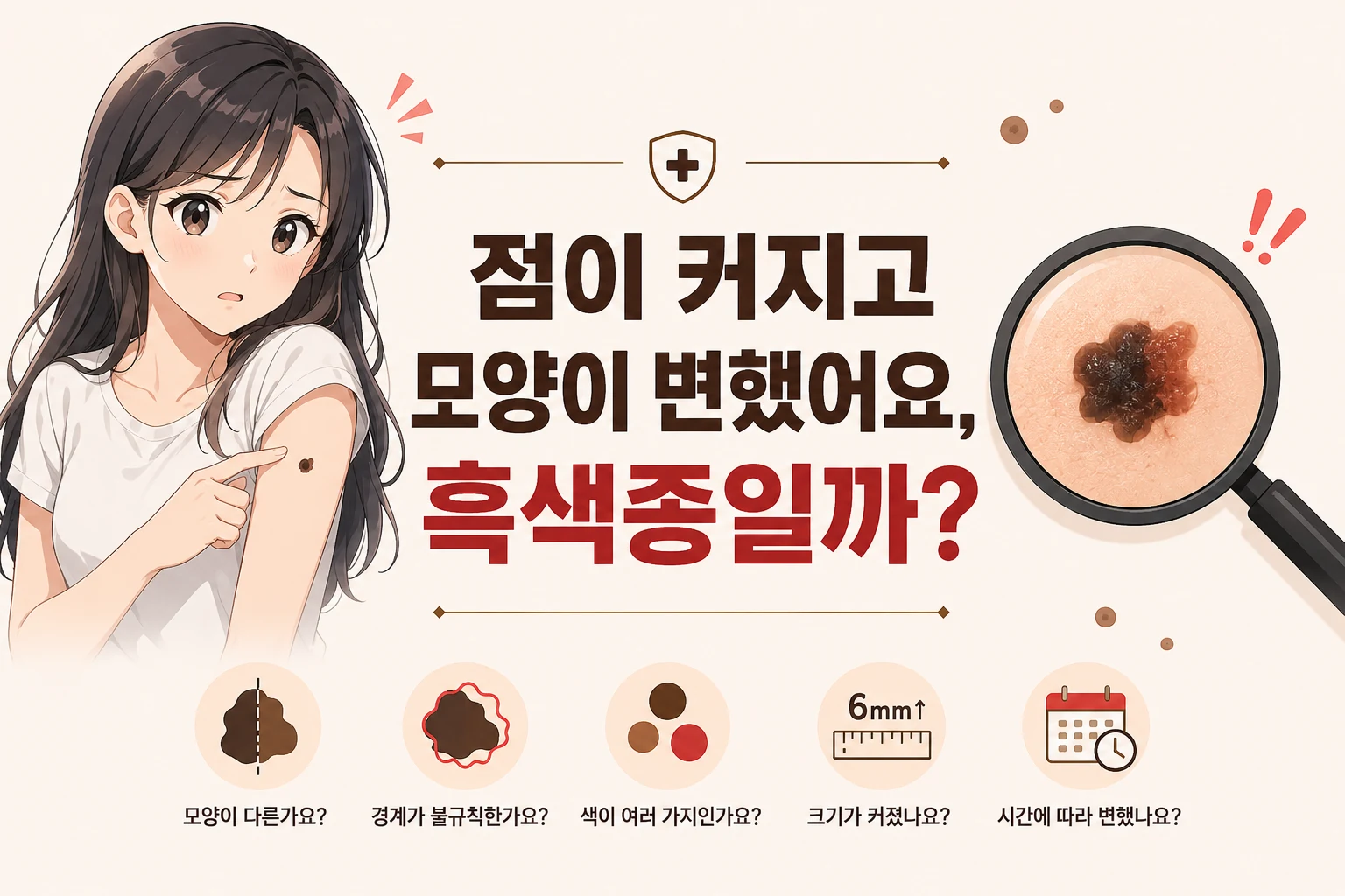 팔의 점이 커지고 모양이 변해 걱정하는 일본풍 애니 스타일 여성과 불규칙한 점을 확대해 보여주는 대표이미지