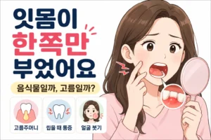 한쪽 잇몸의 붓기와 고름주머니를 거울로 확인하는 대표 여성 캐릭터와 씹을 때 통증·얼굴 붓기 기준을 보여주는 대표이미지
