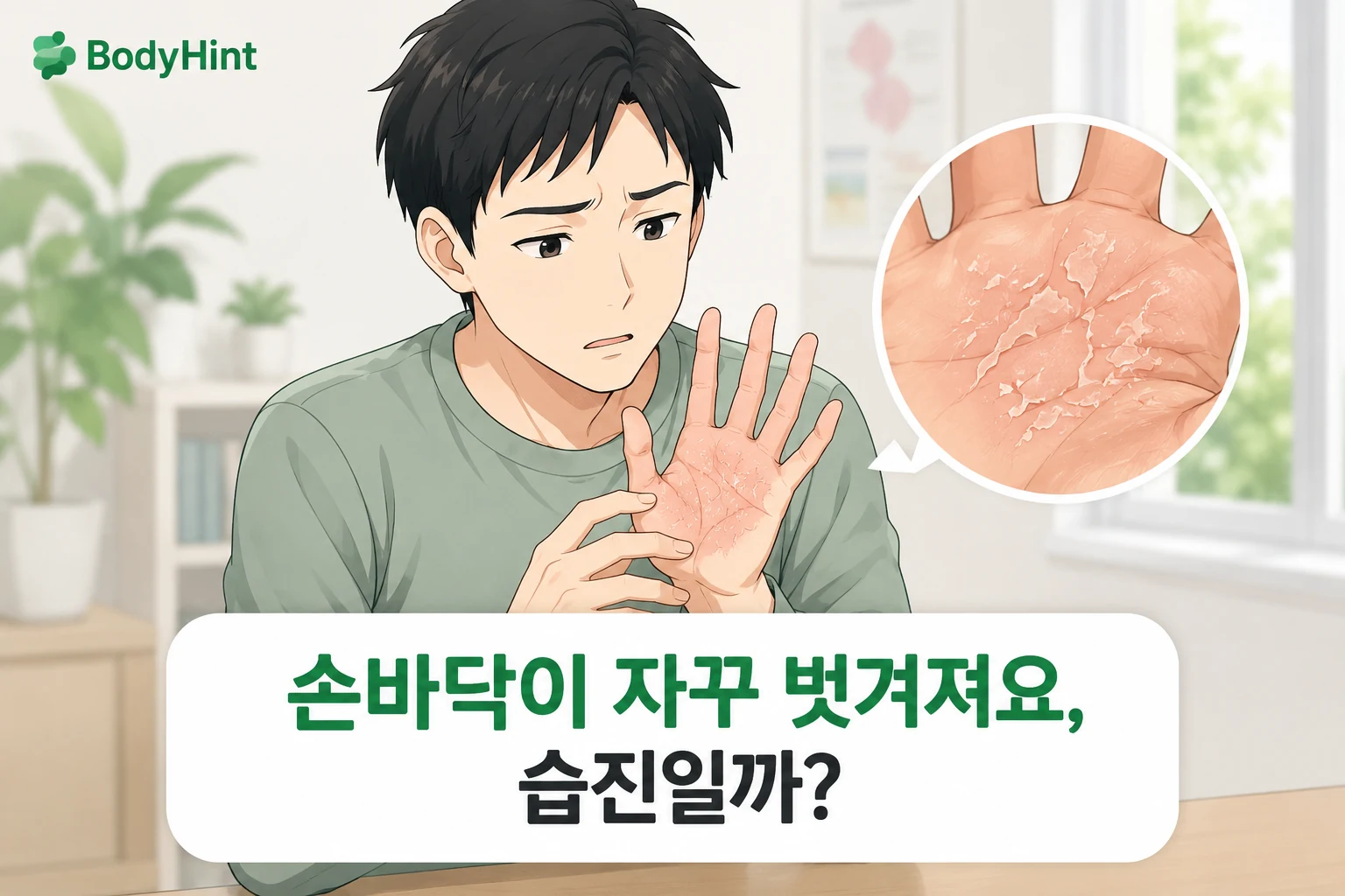손바닥 껍질이 반복해서 벗겨져 걱정하는 남성과 벗겨진 손바닥 피부를 원형으로 확대해 보여주는 대표이미지