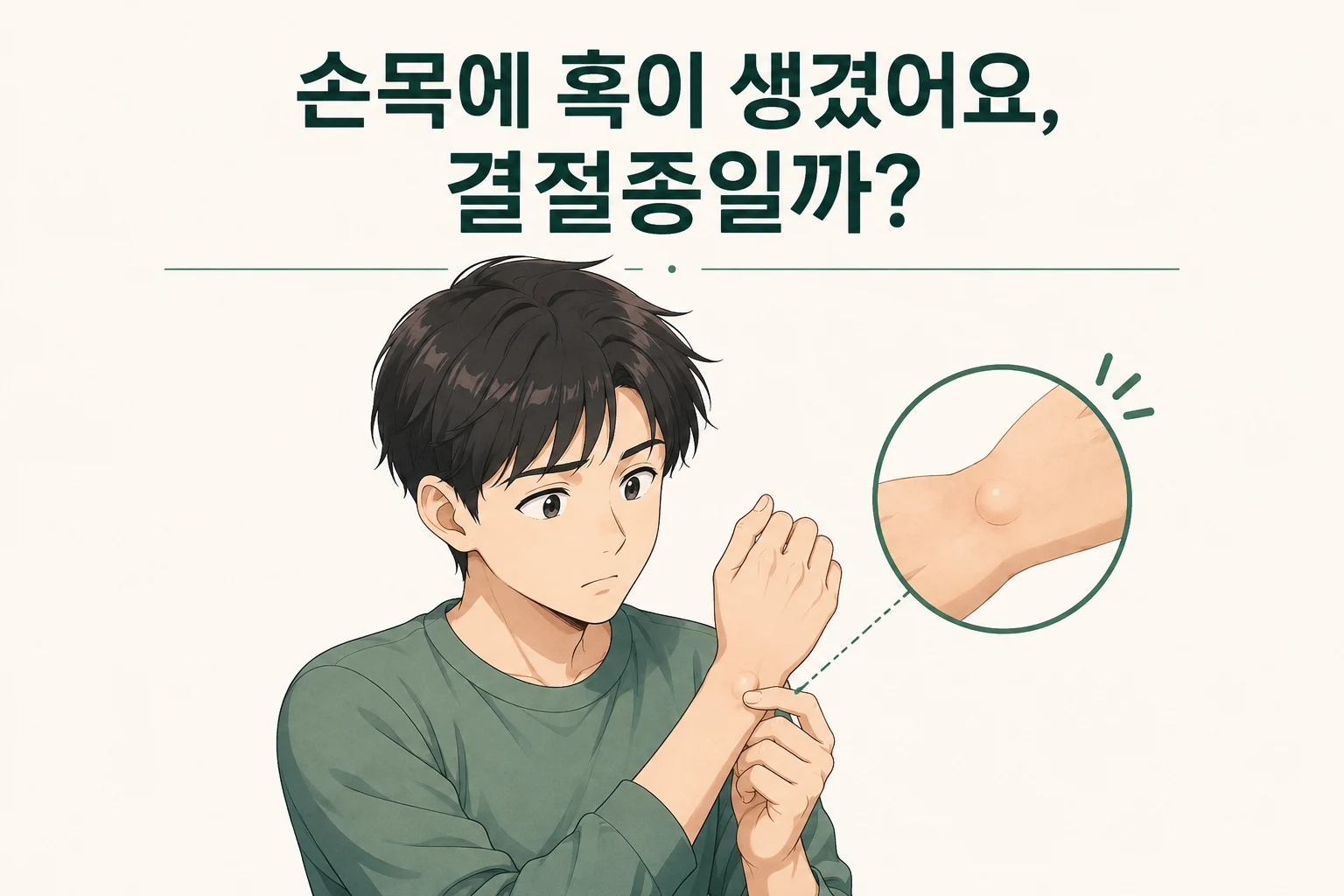 손목에 둥근 혹이 생겨 걱정하는 일본 애니풍 남성 캐릭터와 손목 혹을 원형으로 확대해 보여주는 대표이미지