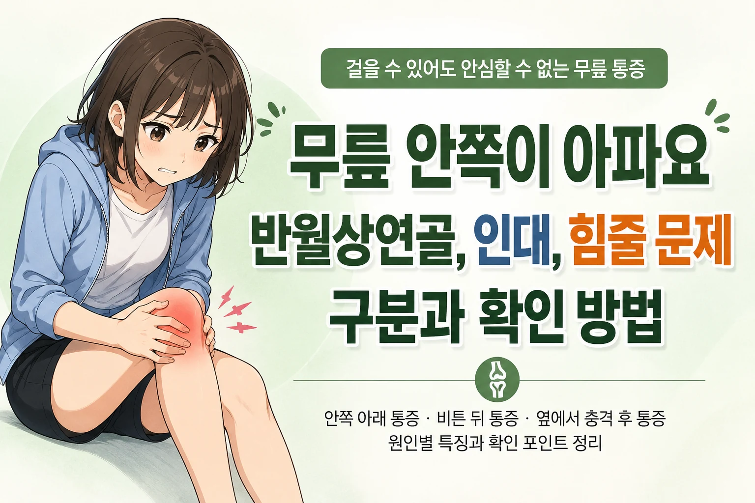 무릎 안쪽 통증으로 무릎을 감싸고 있는 일본풍 애니 여성 캐릭터와 ‘무릎 안쪽이 아파요’ 제목, 반월상연골·인대·힘줄 문제 구분 내용을 담은 BodyHint 대표이미지