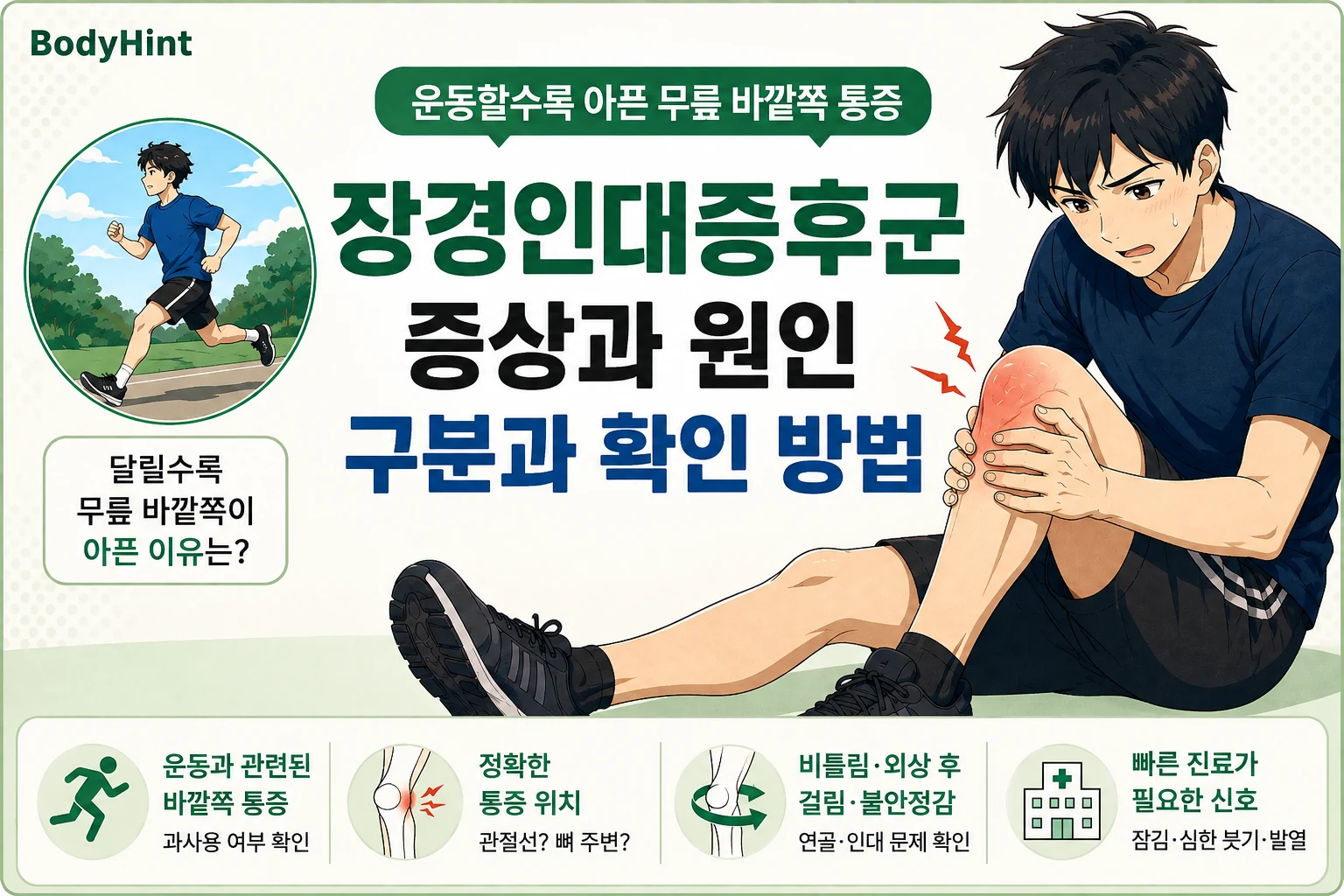 무릎 바깥쪽 통증으로 무릎을 감싸고 있는 일본풍 애니 남성 캐릭터와 달리기 후 통증, 정확한 통증 위치, 비틀림·외상 뒤 걸림·불안정감, 빠른 진료가 필요한 신호를 정리한 BodyHint 대표이미지