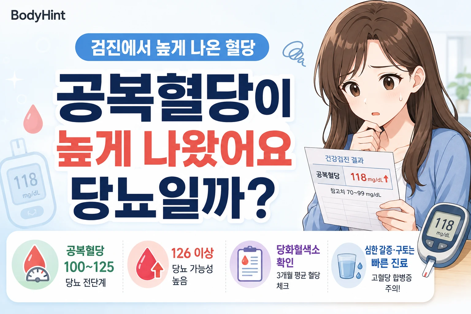 건강검진에서 공복혈당이 118mg/dL로 높게 나온 결과를 보고 걱정하는 일본풍 애니 여성 캐릭터와 혈당계, 공복혈당 100~125·126 이상·당화혈색소 확인 기준을 함께 보여주는 BodyHint 대표이미지