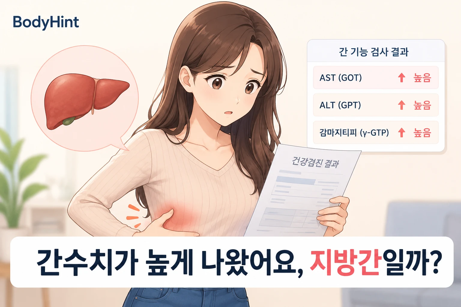 건강검진에서 AST·ALT·감마지티피 간수치가 높게 나온 결과를 확인하며 걱정하는 일본풍 애니 여성 캐릭터와 간 그림, ‘간수치가 높게 나왔어요, 지방간일까?’ 제목이 들어간 BodyHint 대표이미지