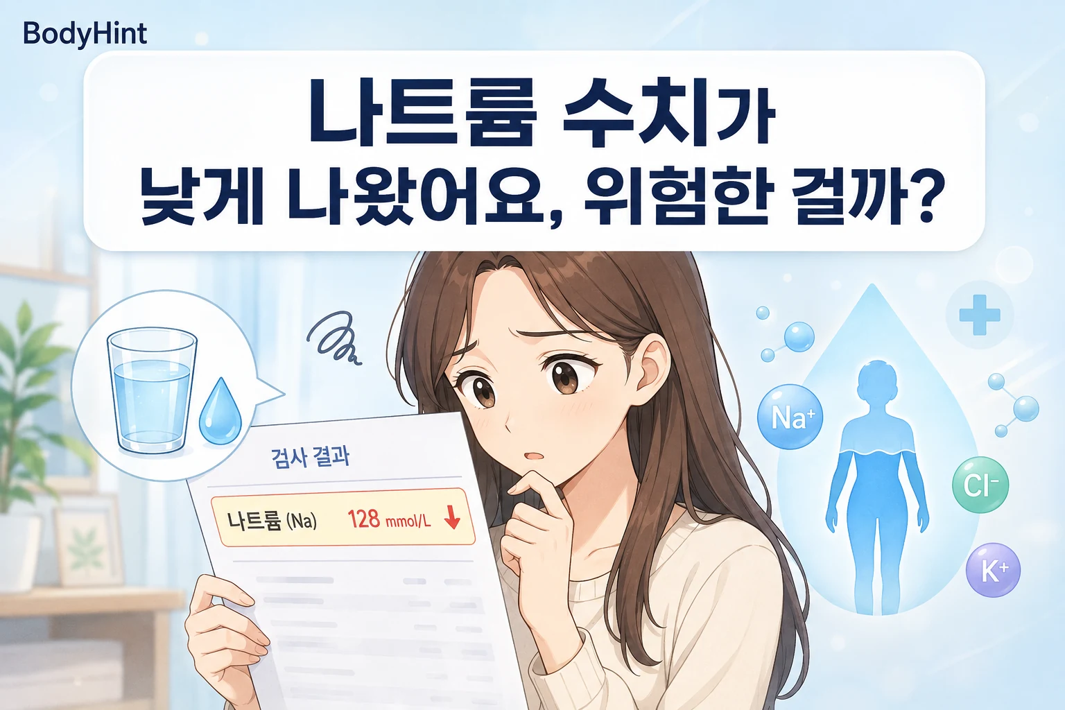 혈액검사에서 나트륨 수치가 낮게 나온 결과지를 보며 위험한 상태인지 걱정하는 여성