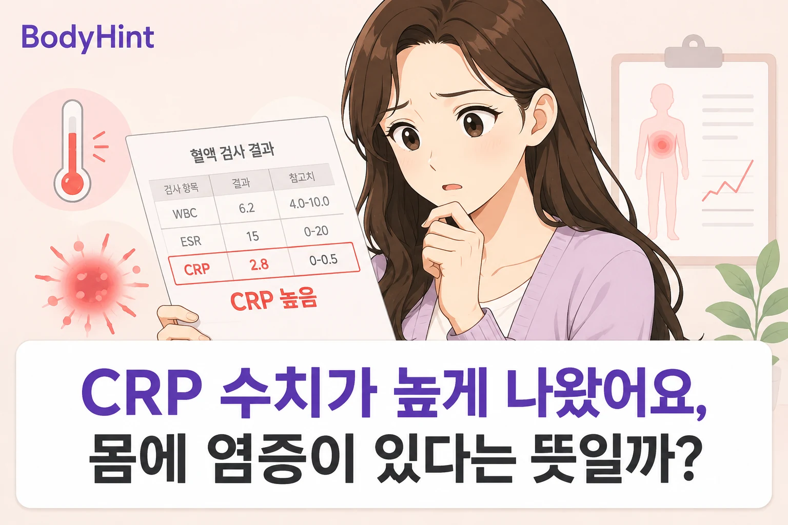 혈액검사에서 CRP 수치가 높게 나온 결과지를 보며 몸에 염증이 있는지 걱정하는 여성