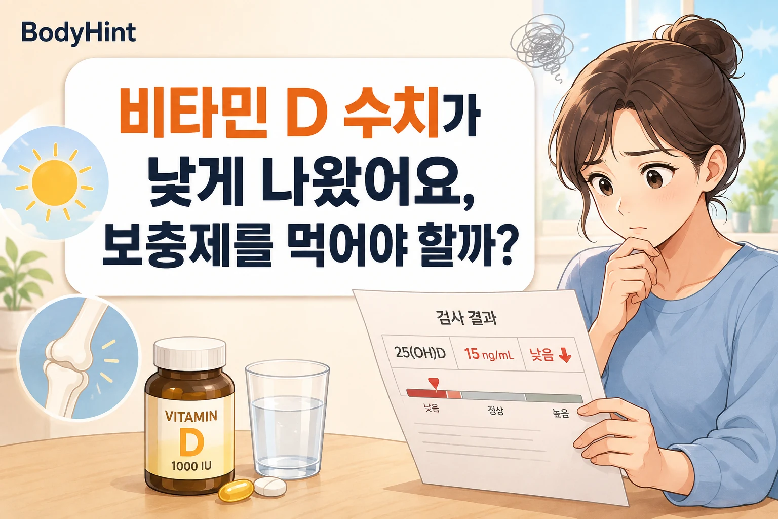 비타민 D 수치가 낮게 나온 검사 결과를 보며 보충제 복용이 필요한지 고민하는 여성