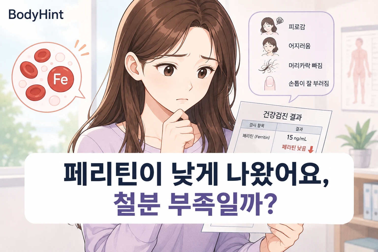 혈액검사에서 페리틴 수치가 낮게 나온 결과지를 보며 철분 부족인지 걱정하는 여성