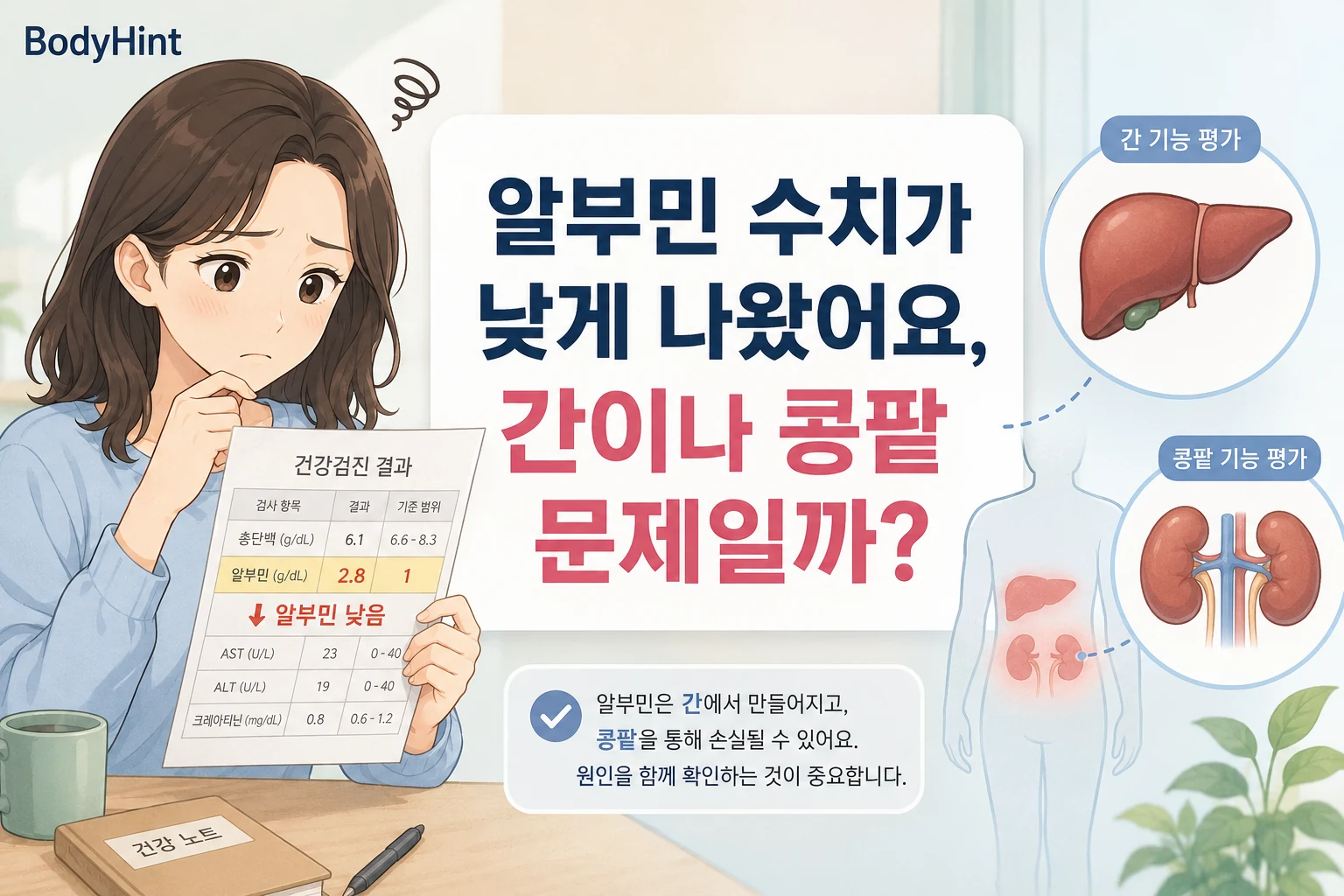 혈액검사에서 알부민 수치가 낮게 나온 결과지를 보며 간이나 콩팥 문제인지 걱정하는 여성