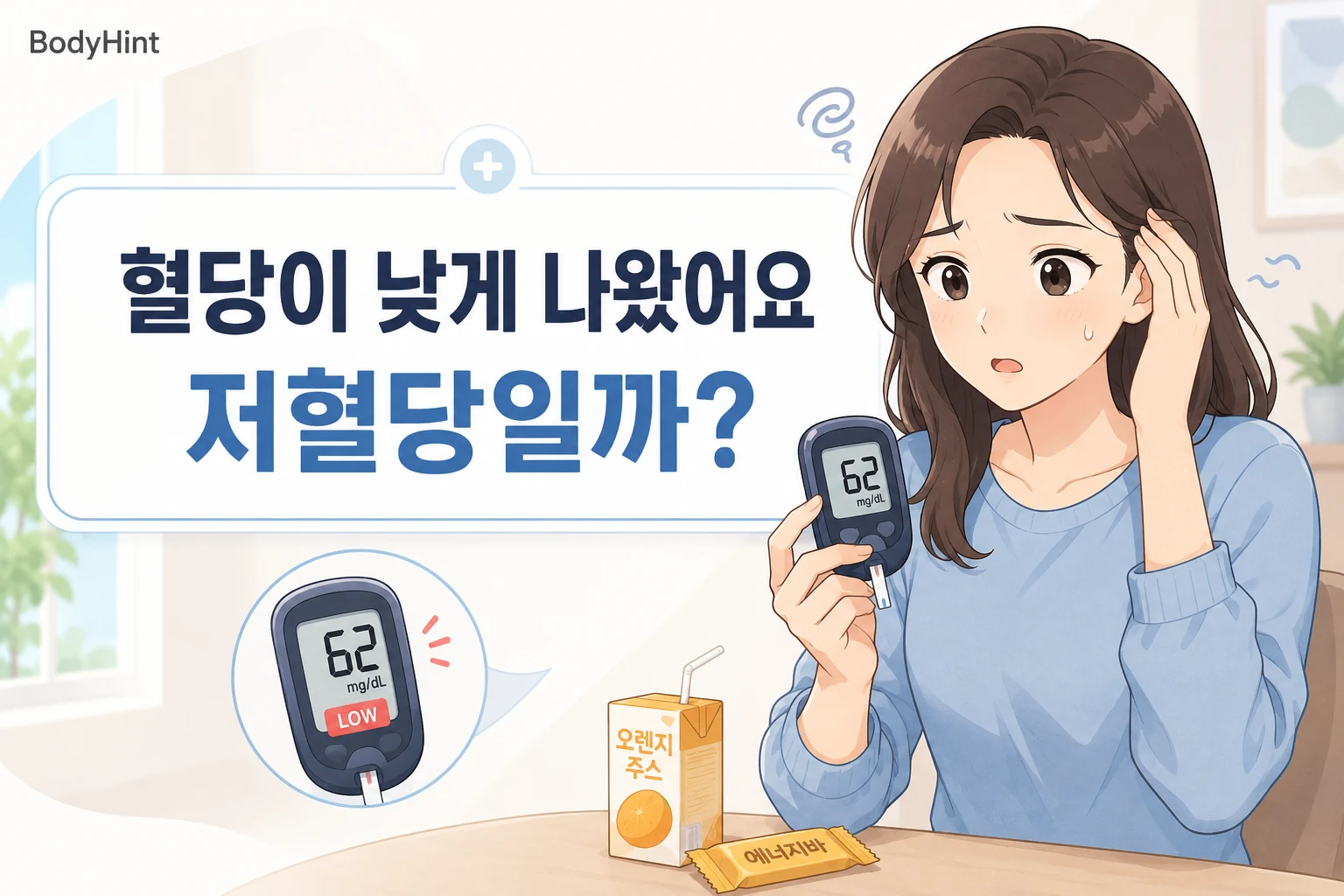 혈당이 낮게 나와 혈당측정기를 확인하며 걱정하는 여성과 저혈당 수치가 표시된 모습