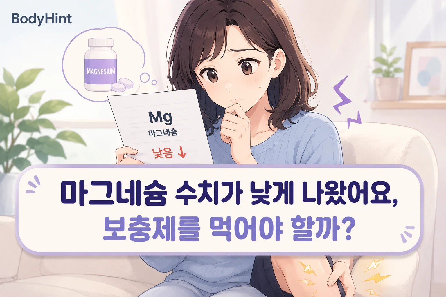 마그네슘 수치가 낮게 나온 검사 결과를 확인하며 보충제 복용이 필요한지 고민하는 여성