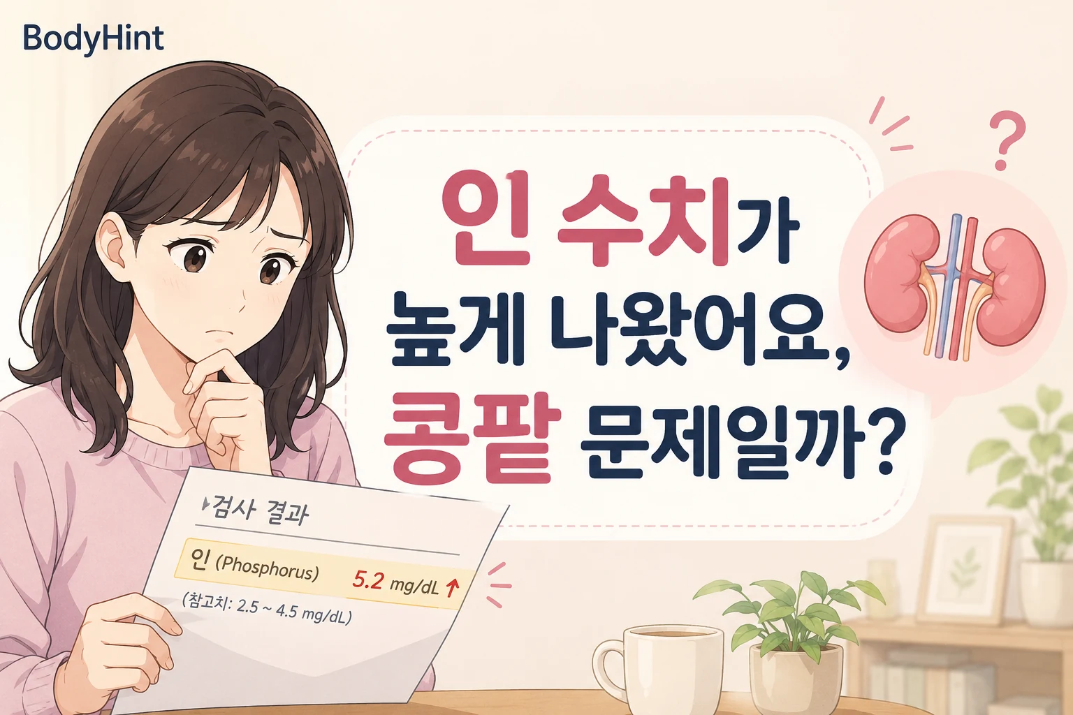 인 수치가 높게 나온 검사 결과를 확인하며 콩팥 문제인지 걱정하는 여성과 콩팥 그림을 함께 표현한 이미지