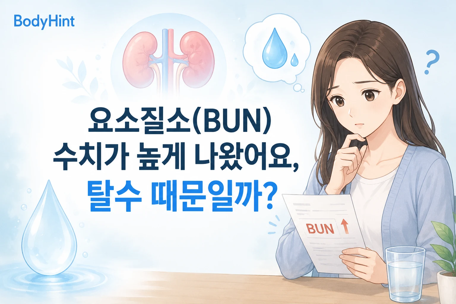 요소질소(BUN) 수치가 높게 나온 검사 결과를 확인하며 탈수 때문인지 걱정하는 여성과 콩팥·물방울을 함께 표현한 이미지