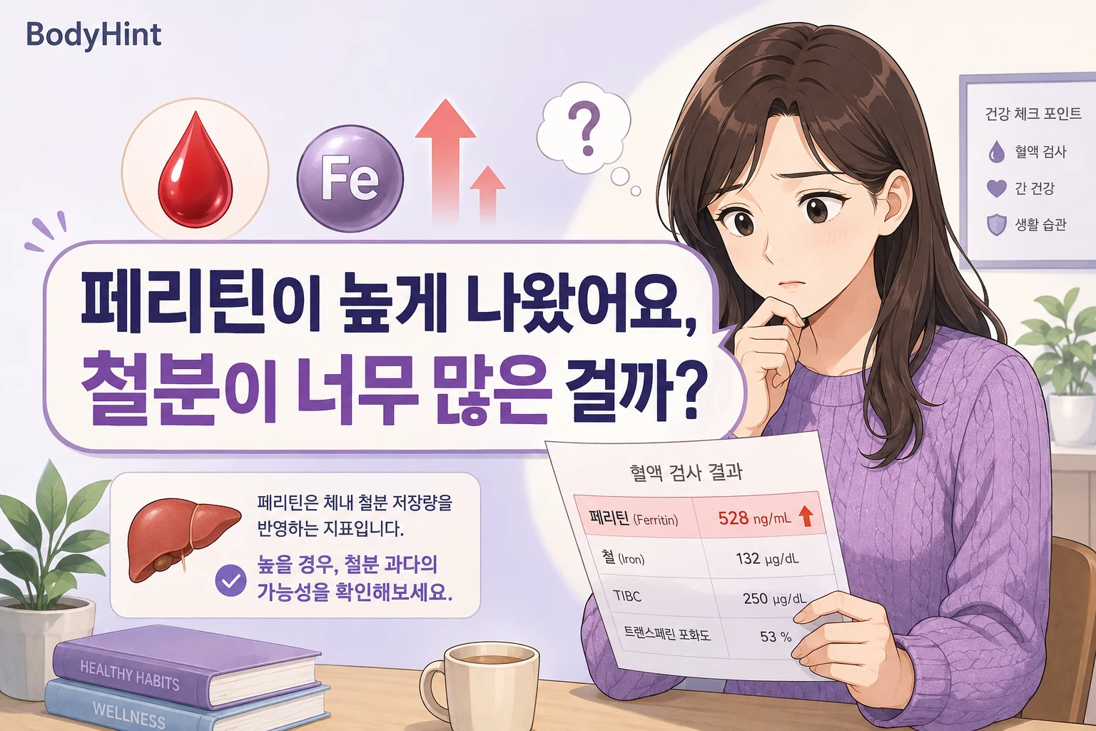 페리틴이 높게 나온 혈액검사 결과를 확인하며 철분이 너무 많은 상태인지 걱정하는 여성과 철분·간 관련 요소를 함께 표현한 이미지