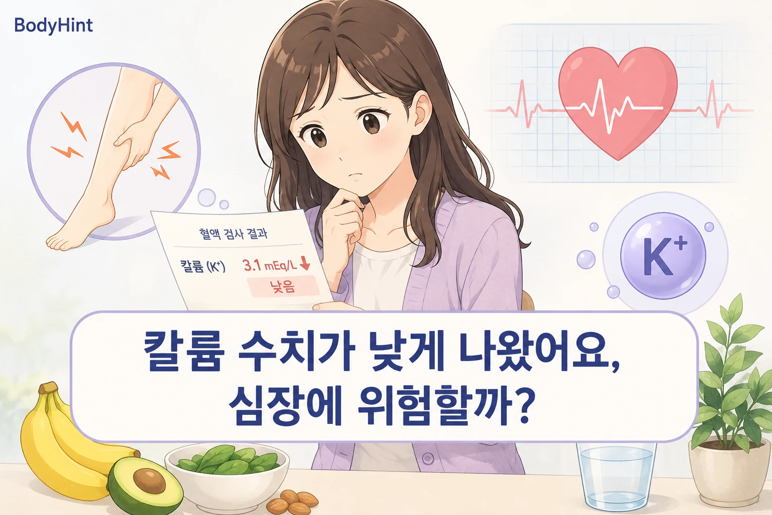 칼륨 수치가 낮게 나온 혈액검사 결과를 확인하며 심장에 위험한지 걱정하는 여성과 심장 박동·근육 증상을 함께 표현한 이미지