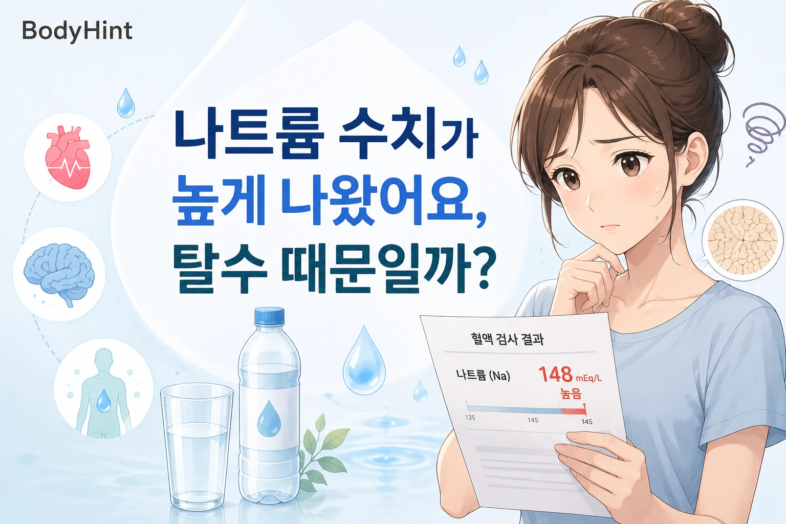 나트륨 수치가 높게 나온 혈액검사 결과를 확인하며 탈수 때문인지 걱정하는 여성과 물·뇌·심장 관련 요소를 함께 표현한 이미지