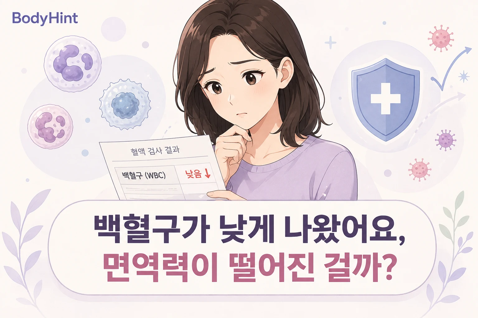 백혈구 수치가 낮게 나온 혈액검사 결과를 확인하며 면역력이 떨어진 것인지 걱정하는 여성과 백혈구·감염 방어 이미지를 함께 표현한 대표이미지