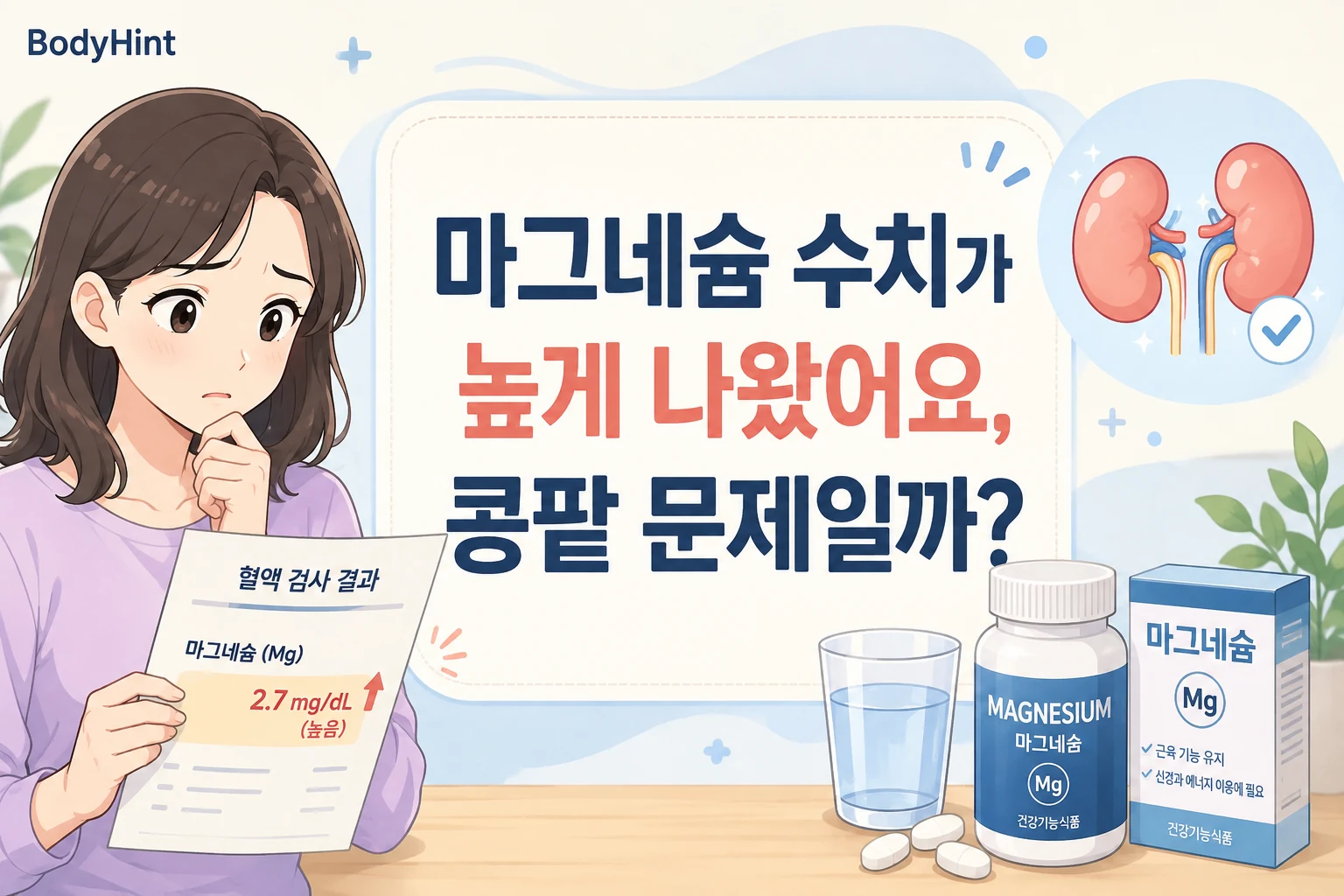 마그네슘 수치가 높게 나온 혈액검사 결과를 보고 콩팥 문제인지 걱정하는 여성과 콩팥·마그네슘 제품을 함께 보여주는 대표이미지