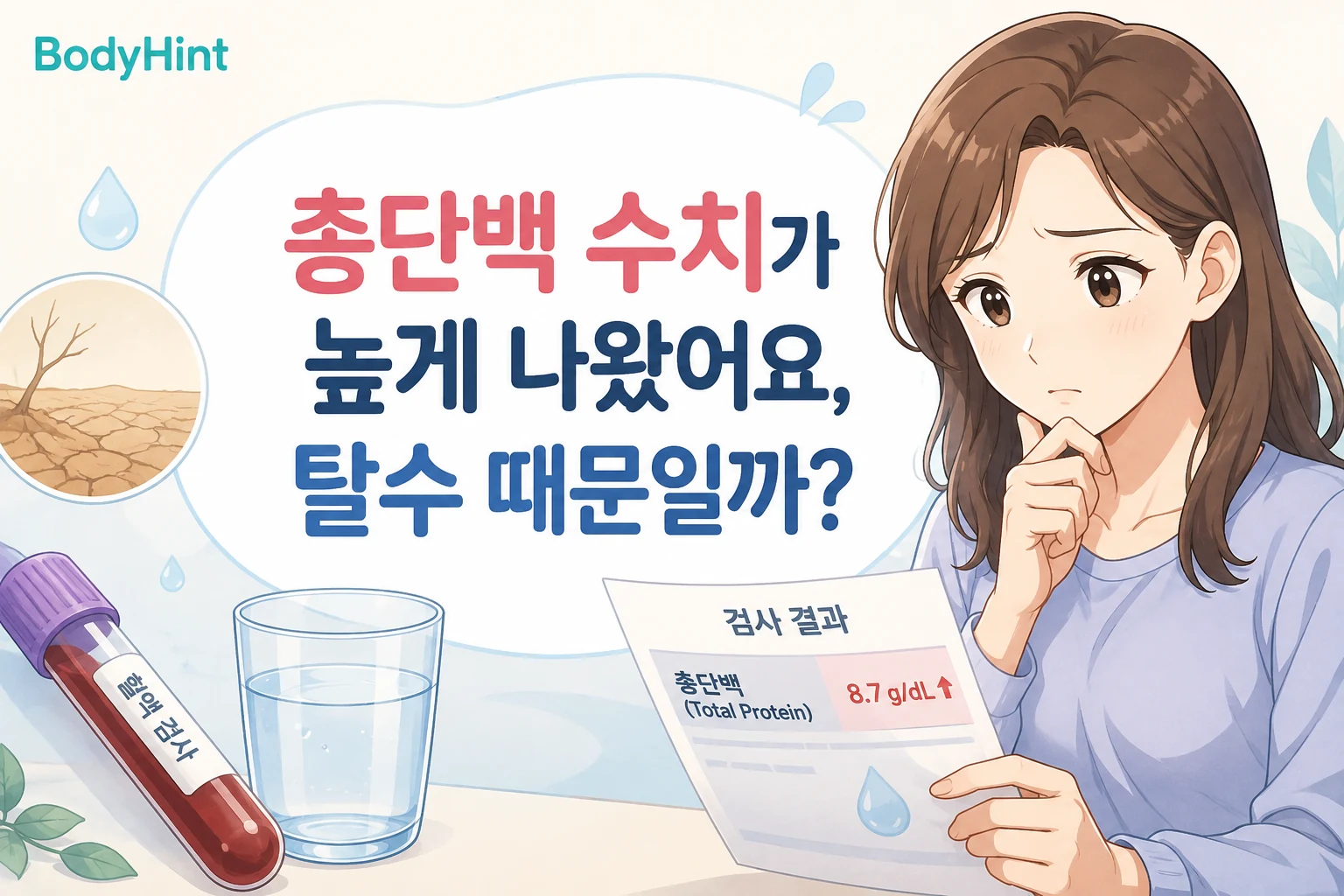 총단백 수치가 높게 나온 혈액검사 결과를 보고 탈수 때문인지 걱정하는 여성과 물·탈수 이미지를 함께 보여주는 대표이미지