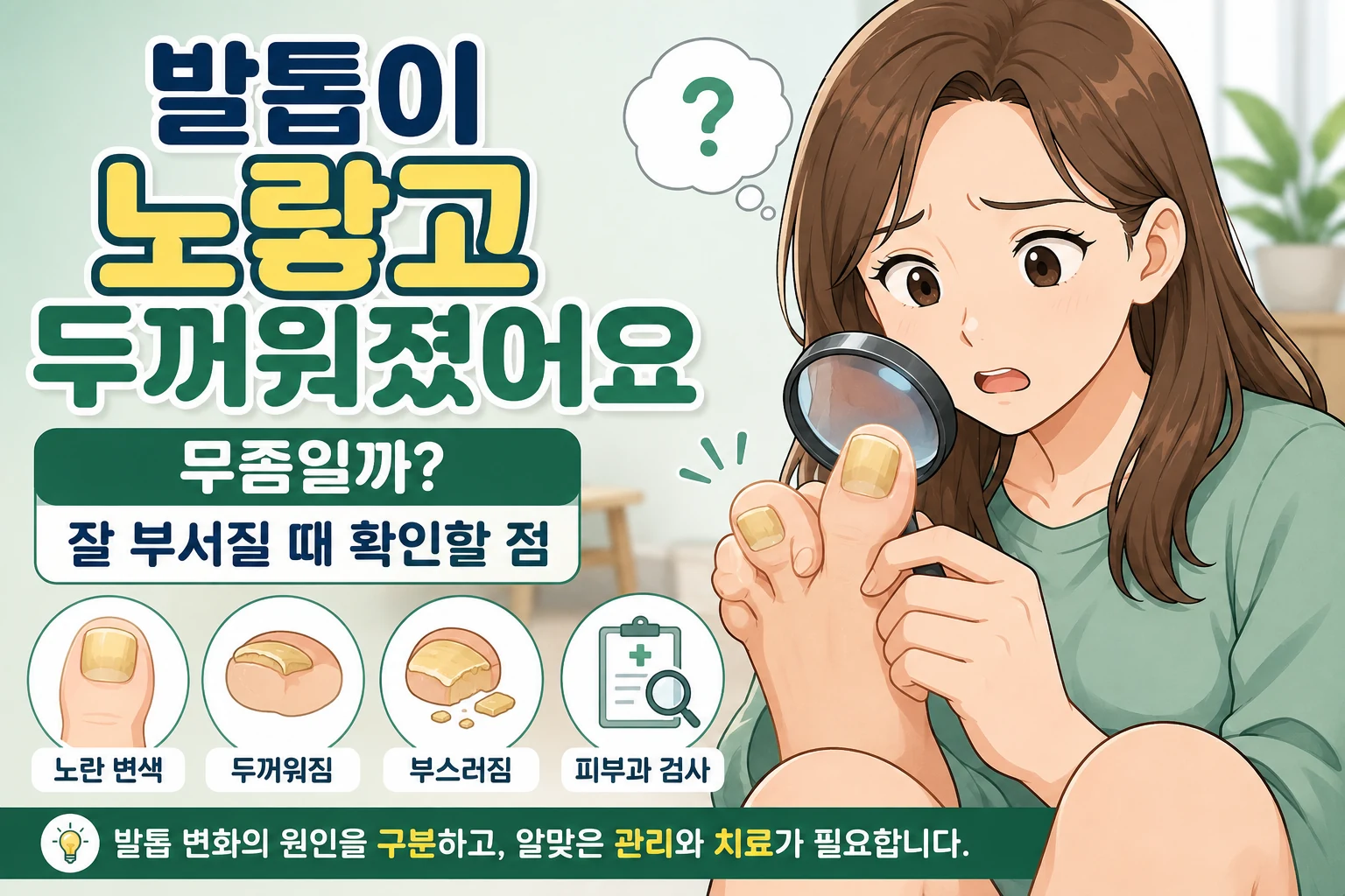노랗고 두꺼워지며 잘 부서지는 엄지발톱을 확대경으로 살펴보며 발톱무좀인지 걱정하는 대표 여성 캐릭터 이미지