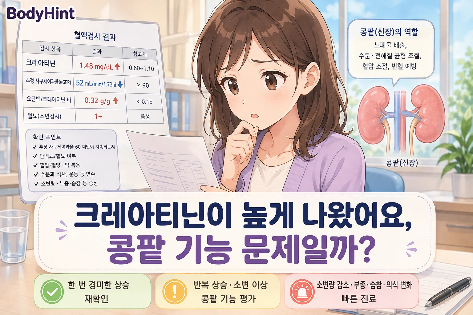 건강검진 결과지에서 크레아티닌 상승과 추정 사구체여과율 감소를 확인하며 콩팥 기능을 걱정하는 여성