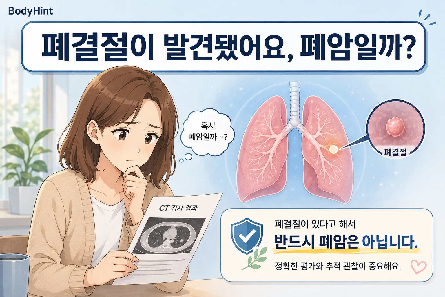 폐결절이 발견돼 폐암일까 걱정하는 일본애니풍 여성 캐릭터와 폐결절 설명이 함께 있는 BodyHint 대표이미지