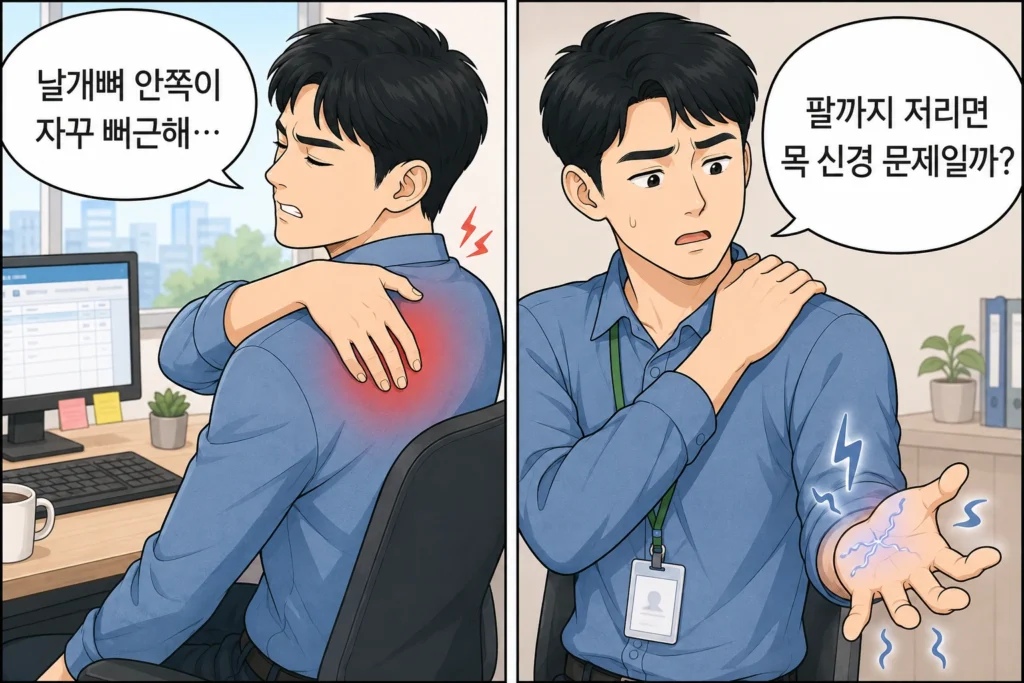 사무실에서 오래 앉아 일한 뒤 날개뼈 안쪽이 뻐근하고 팔과 손까지 저려 목 신경 문제인지 걱정하는 대표 남성 캐릭터의 공감형 2컷 만화