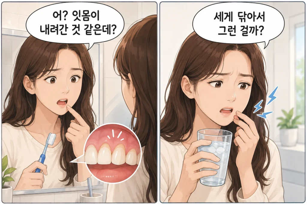 거울을 보며 잇몸이 내려간 것 같아 걱정하는 여성과 찬물을 마신 뒤 잇몸 가까이가 시려 세게 닦아서 그런지 고민하는 여성의 공감형 2컷 만화