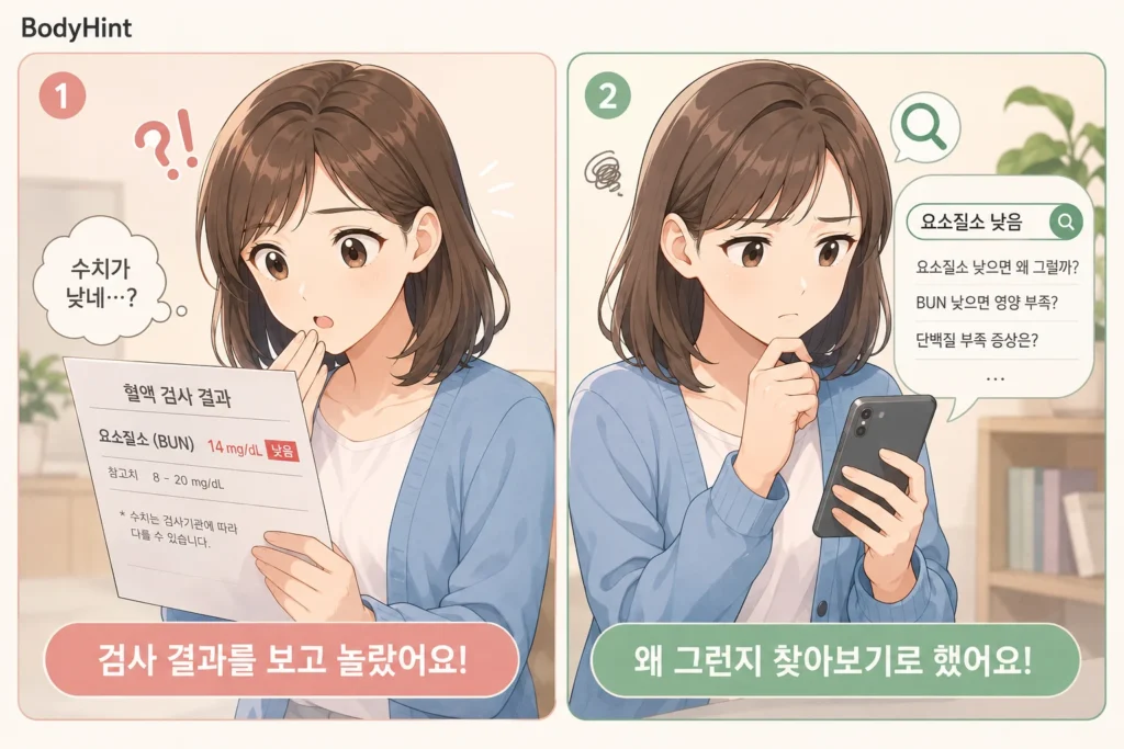 요소질소(BUN) 수치가 낮게 나온 혈액검사 결과를 보고 놀란 뒤 휴대폰으로 BUN 낮음과 영양 부족 원인을 검색하는 여성의 공감형 2컷 만화