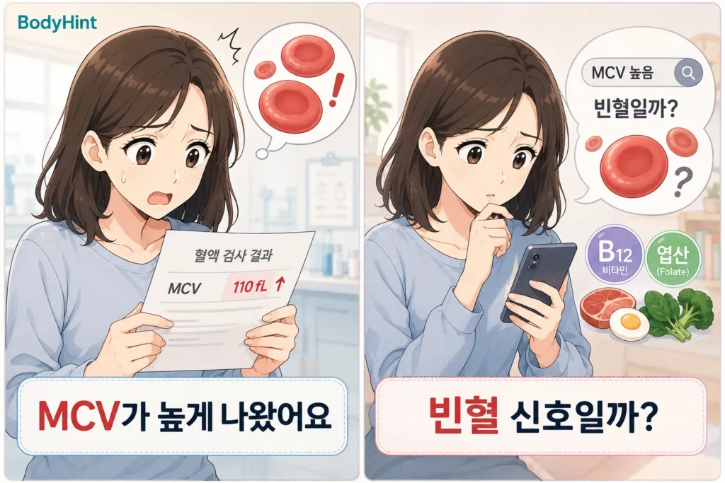 MCV 수치가 높게 나온 혈액검사 결과를 보고 놀란 뒤 휴대폰으로 빈혈 신호와 비타민 B12·엽산 관련 정보를 검색하는 여성의 공감형 2컷 만화