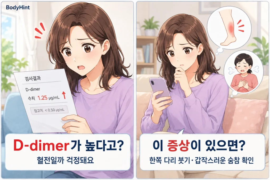 D-dimer 수치가 높게 나온 검사 결과를 보고 혈전일까 걱정한 뒤 휴대폰으로 한쪽 다리 붓기와 갑작스러운 숨참 같은 혈전 의심 증상을 검색하는 여성의 공감형 2컷 만화