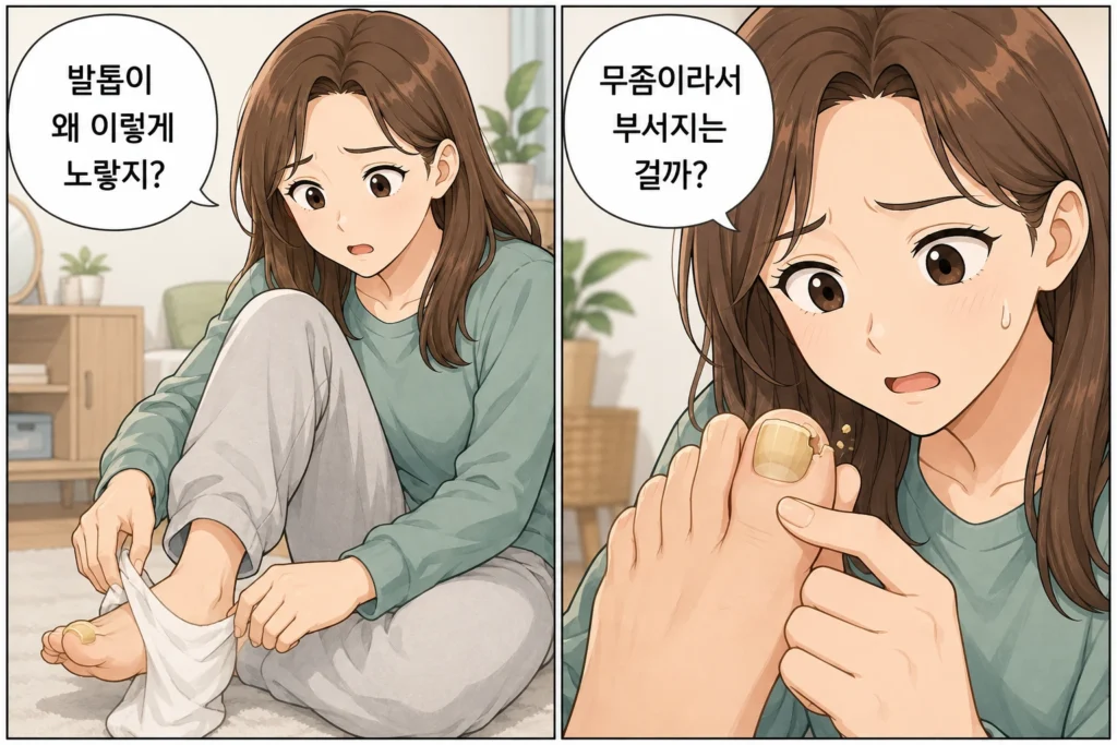 노랗게 변한 엄지발톱을 발견하고 발톱 끝이 부서지는 모습을 보며 발톱무좀인지 걱정하는 대표 여성 캐릭터의 공감형 2컷 만화