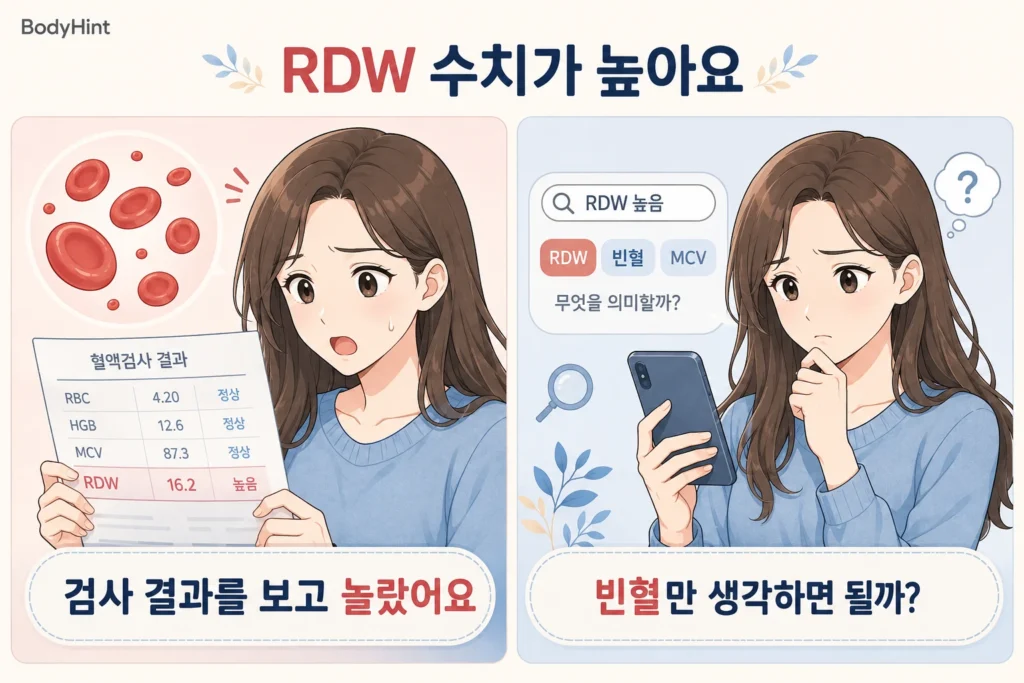 RDW 수치가 높게 나온 혈액검사 결과를 보고 놀란 뒤 휴대폰으로 빈혈과 MCV 관련 내용을 검색하며 걱정하는 여성의 공감형 2컷 만화