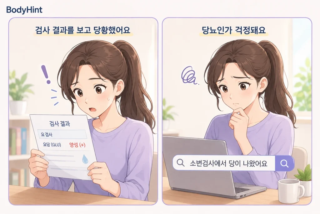소변검사에서 요당 양성 결과를 보고 당황한 뒤 당뇨인지 걱정하며 검색하는 여성의 공감형 2컷 만화
