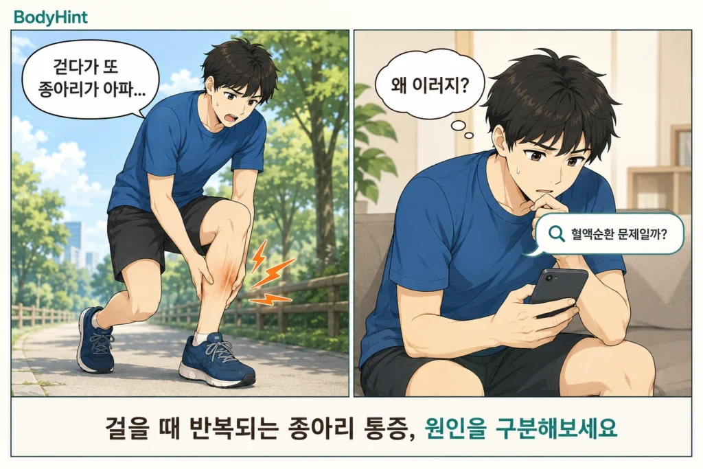 걷다가 종아리 통증을 느껴 다리를 붙잡는 일본애니풍 남성 캐릭터와 집에서 휴대폰으로 혈액순환 문제인지 검색하는 모습을 담은 BodyHint 공감형 2컷 이미지