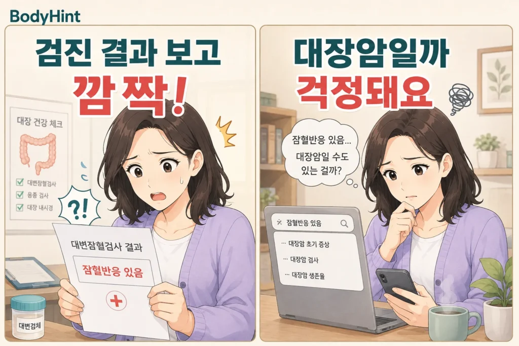 건강검진 결과지에서 잠혈반응 있음 표시를 보고 놀란 뒤 대장암일까 걱정하며 검색하는 일본애니풍 여성 캐릭터를 담은 BodyHint 공감형 2컷 이미지