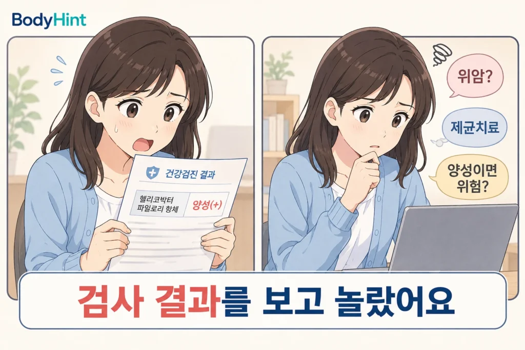 헬리코박터균 양성 검사 결과를 보고 놀란 뒤 위암 위험과 제균치료를 검색하며 걱정하는 일본애니풍 여성 캐릭터를 담은 BodyHint 공감형 2컷 이미지