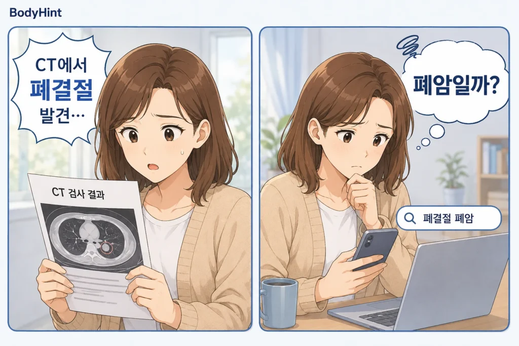 CT에서 폐결절을 발견한 뒤 놀라고 폐암일까 검색하며 걱정하는 일본애니풍 여성 캐릭터를 담은 BodyHint 공감형 2컷 이미지