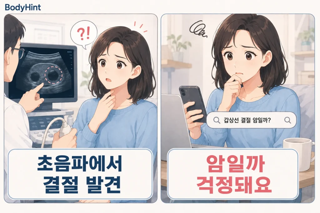 갑상선 초음파에서 결절이 발견됐다는 말을 듣고 놀란 뒤 암일까 검색하며 걱정하는 일본애니풍 여성 캐릭터의 BodyHint 공감형 2컷 이미지