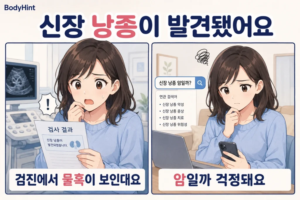 건강검진에서 신장 낭종이 발견됐다는 결과를 보고 놀란 뒤 암일까 검색하며 걱정하는 일본애니풍 여성 캐릭터의 BodyHint 공감형 2컷 이미지