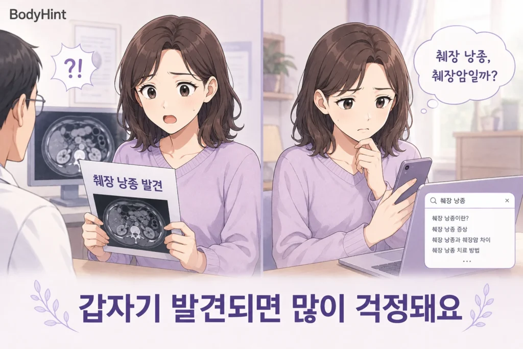 CT나 MRI에서 췌장 낭종이 발견됐다는 말을 듣고 놀란 뒤 췌장암일까 검색하며 걱정하는 일본애니풍 여성 캐릭터의 BodyHint 공감형 2컷 이미지